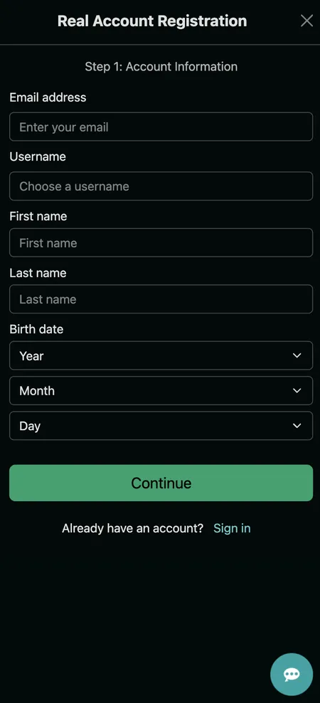 True Fortune Casino registration form with email and date of birth fields